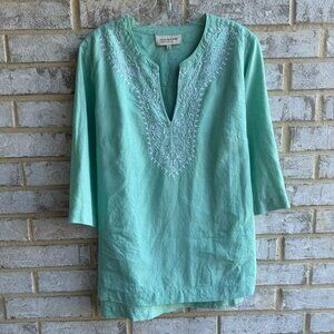 Jones New York 3/4 Sleeve 100% Linen Embroidered V-Neck Tunic Blouse Size 0X